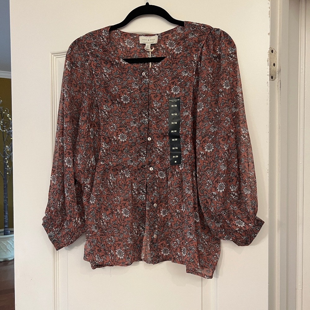 Lucky Brand Button Down Blouse - Rust/Black